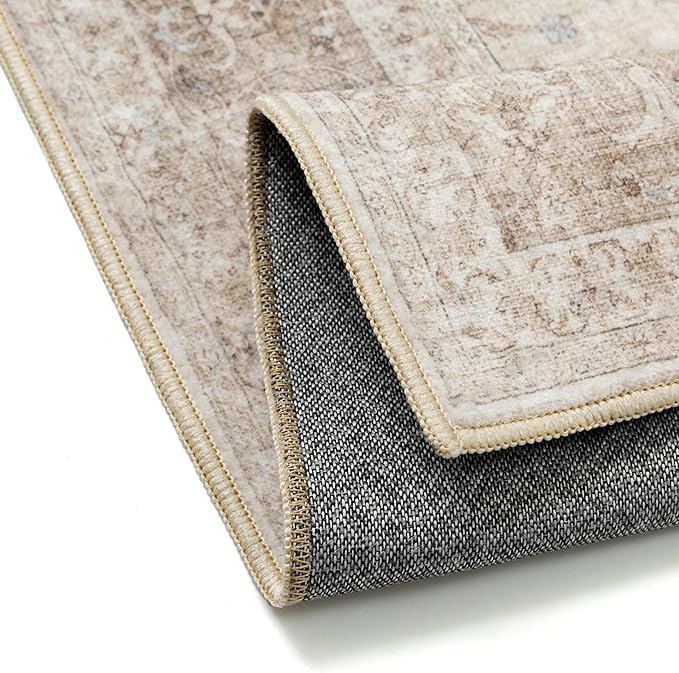 Beige 2x6 Runner Rug Washable Hallway Vintage Carpet Low Pile Non Slip Distressed Soft Traditional Retro Oriental Long Accent Throw Rug for Kitchen Bedroom Laundry Bathroom Dining Room