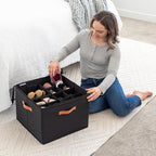 OrganiHaus Large Shoe Storage Bin for Closet, Shoe Organizer Box Fits up to 16 Pairs, Collapsible Fabric Shoe Basket w/Clear Cover, Adjustable Dividers & Reinforced Handles, Black