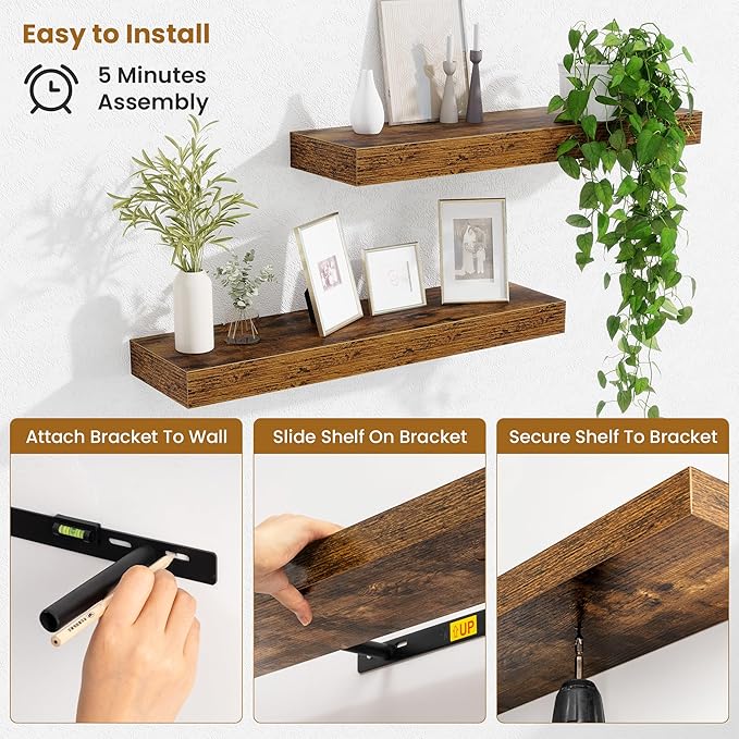 Fun Memories Floating Shelves Set of 2, 24 Inch Floating Shelves for Wall, Wood Wall Shelves with Invisible Brackets, for Bathroom, Bedroom, Living Room, Kitchen, Rustic Brown