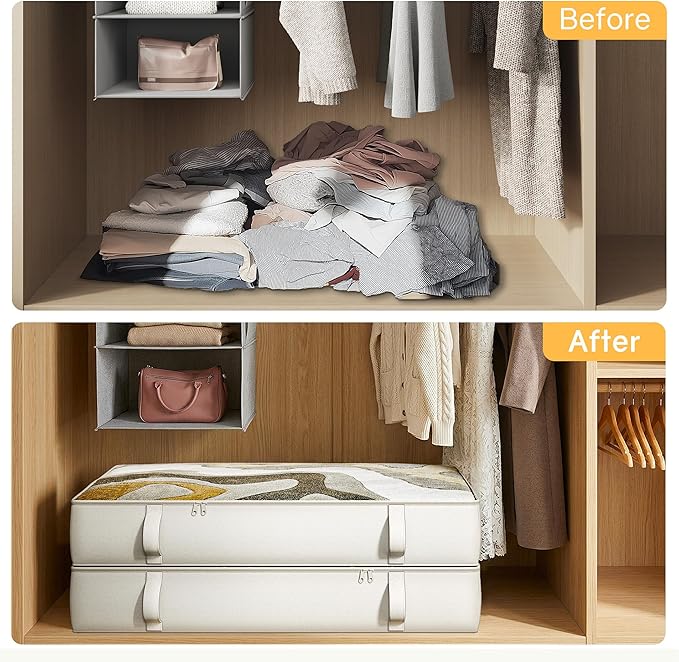 2-Pack Under Bed Storage, 6 Inches Tall Closet Organizers and Storage Bins with Sturdy Sidewalls/Bottom/4 Handles, Beige