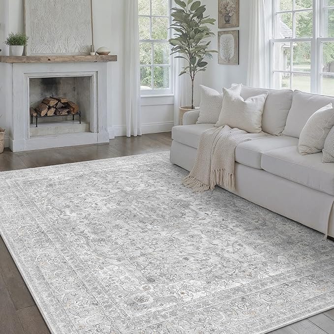 Gray Area Rug 6x9 for Living Room Washable Vintage Carpet Low Pile Non Slip Distressed Soft Traditional Retro Oriental Large Grey Accent Throw Rug Office Bedroom Dining Room Playroom