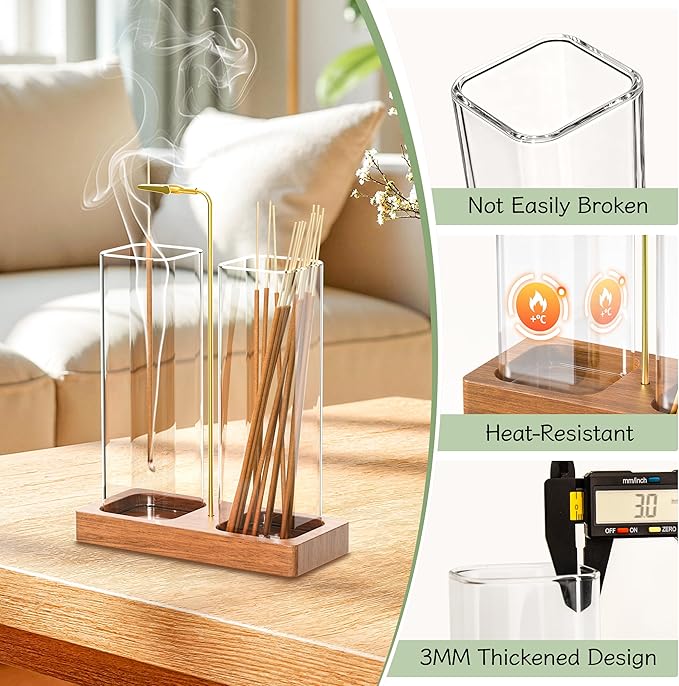 Incense Holder for Sticks, 2 in 1 Incense Burner with 7.1" & 7.1" Glass Jars, Upside Down Incense Holder with Ash Catcher & Storage for Meditation Yoga Spa Home Decor with 20 Incense Sticks & Brush