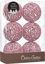 Christmas Traditions 4 inch Pink Glittered Rattan Ball Ornaments Hanging Tree Decorations (Set of 6) (Pink)