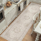 Beige Runner Rug 2'6"x12' Washable Vintage Carpet Hallway Kitchen Soft Retro Low Pile Thin Indoor Bedroom Non Slip Oriental Medallion Long Throw Rug for Bathroom Laundry Dining Room