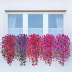 Artificial Hanging Flowers for Outdoor, 2pcs Fake Plants Long Vine Morning Glory Eucalyptus, Spring Summer UV Resistant Realistic Faux Greenery Indoor Outside Patio Porch Garden Decor, Hot Pink Purple