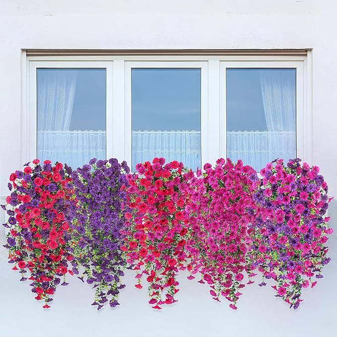 Artificial Hanging Flowers for Outdoor, 2pcs Fake Plants Long Vine Morning Glory Eucalyptus, Spring Summer UV Resistant Realistic Faux Greenery Indoor Outside Patio Porch Garden Decor, Hot Pink Purple