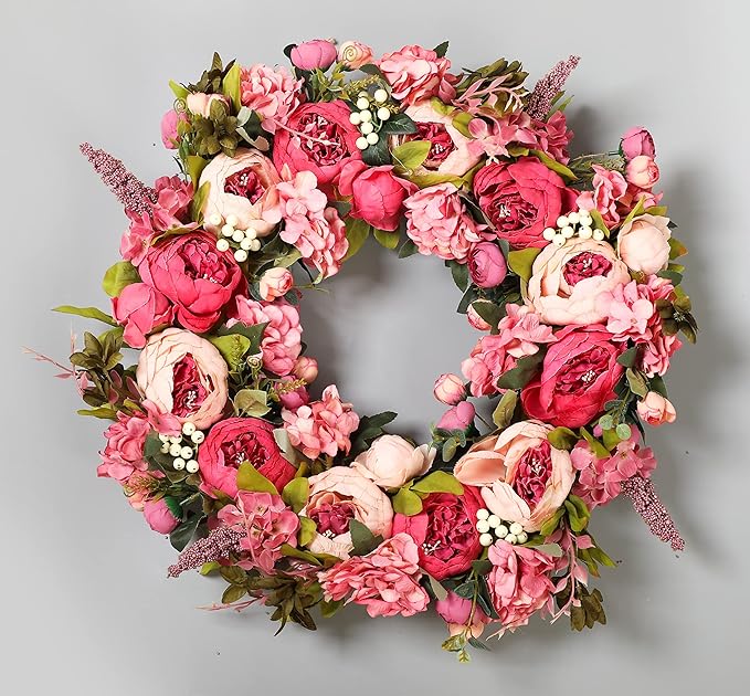 Peony Wreaths for Front Door | 23 inch Spring Front Door Wreath Summer Fall Wreaths for Outside Door or Window Decor