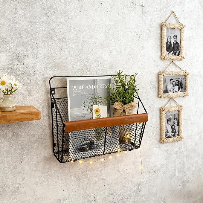 Wall Mounted Magazine Rack with Leather Trim, Decorative Art Wall Magazine Holder, Hanging Paper Organizer, Metal Wire Magazine Organizer for Home Office, 2 Packs