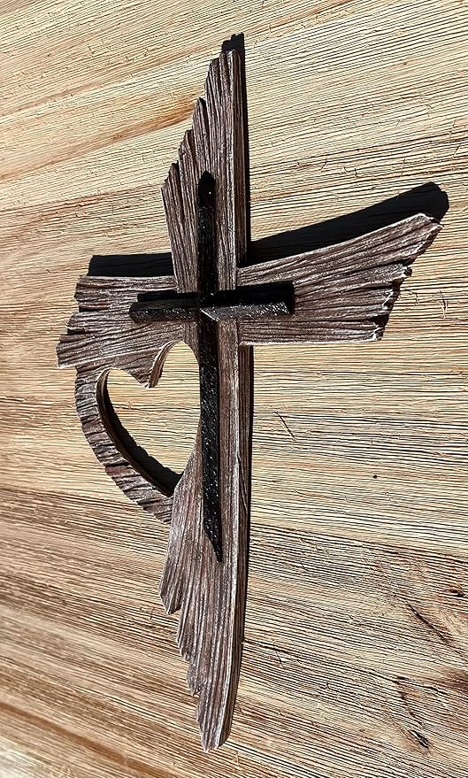 Top Brass Rustic One Love Decorative Heart Wall Cross - Multi Layered Weathered Wood Look Spiritual Jesus Art Sculpture