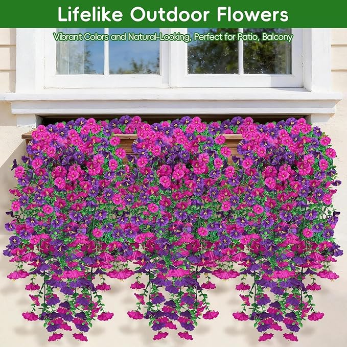 Artificial Hanging Flowers for Outdoors, 6 PCS Silk Morning Glory Artificial Flowers with Eucalyptus Leaves, UV Resistant Fake Flower Realistic Faux Plants for Home Patio Porch Garden, Purple+Fuchsia
