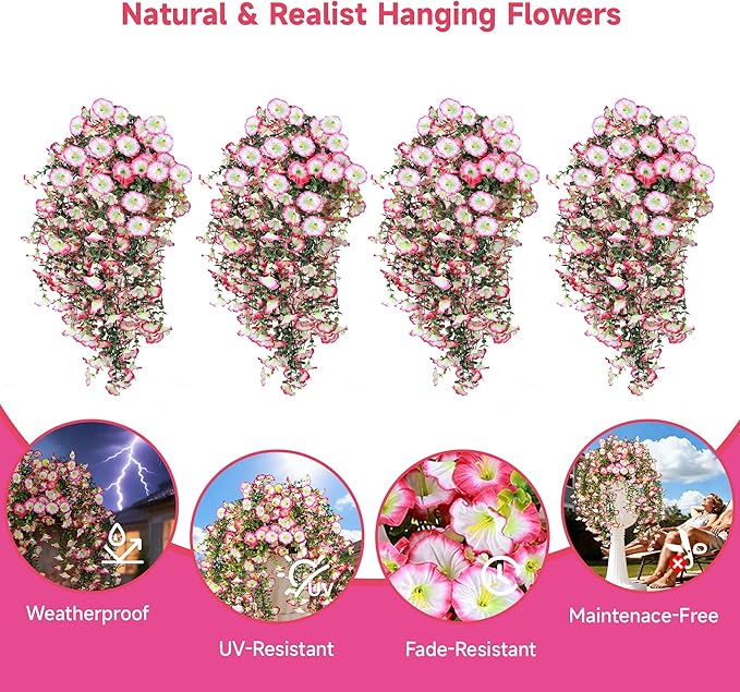 Artificial Hanging Flowers for Outdoors, 4 PCS UV Resistant Faux Plants Silk Realistic 150 Morning Glory Each Vines, Fake Plastic Floral for Garden Patio Spring Summer Decor, Pink