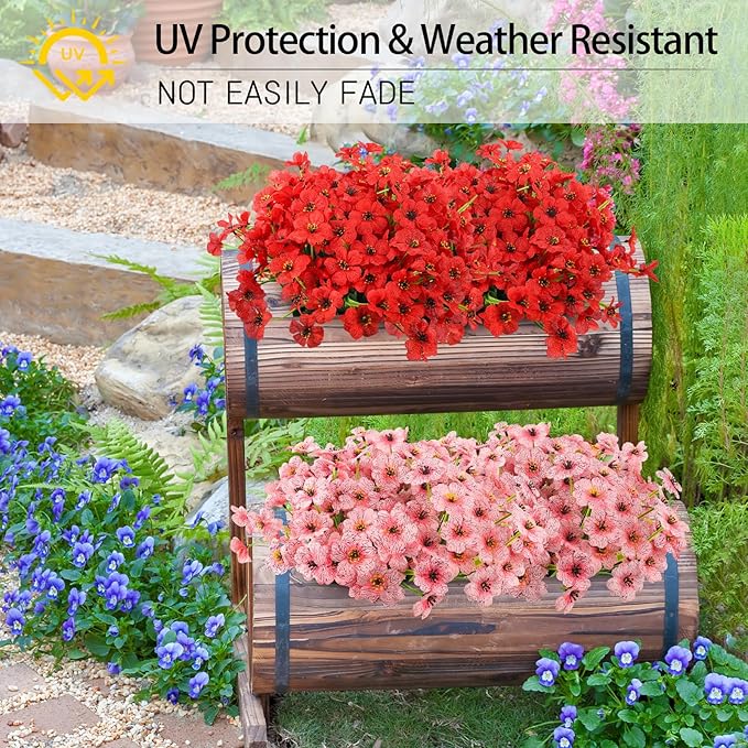 MACTING 12 Bundles Artificial Flowers for Outdoors Fake Flowers UV Resistant Faux Plastic Plants No Fade for Planters Window Patio Porch Garden Home Outside Spring Summer Decorations,Red