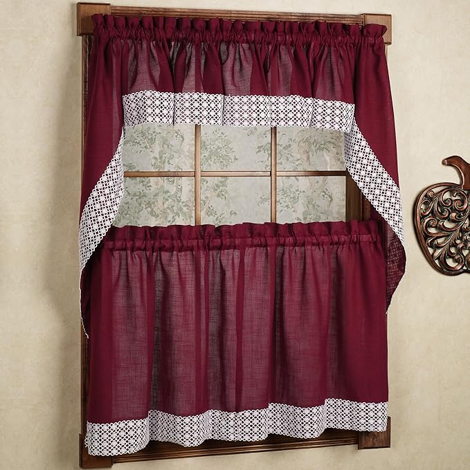 Kitchen Curtains for Windows 40+ Styles & Colors Swag, Valance, Tier Sets & Panels Cafe Curtains for Farmhouse, Rustic, Modern Décor, Salem Burgundy, 36" Tier Valance Set