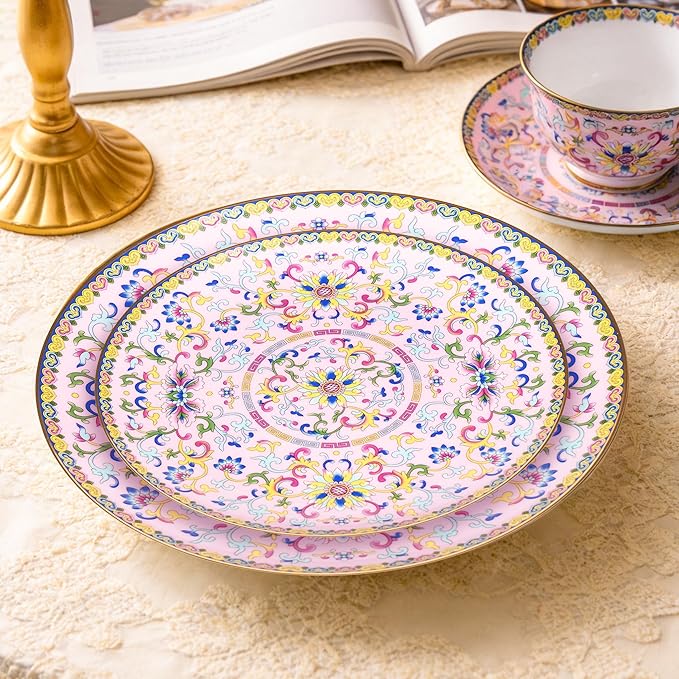 KAMMAK Decorative Plates Set for Display, Pink Ceramic Plate Decor with Stand, Handmade Vintage Porcelain Ornament for Table, Living Room, Kitchen, Office, Perfect Chinese Style Dish Gift (8in+10in)