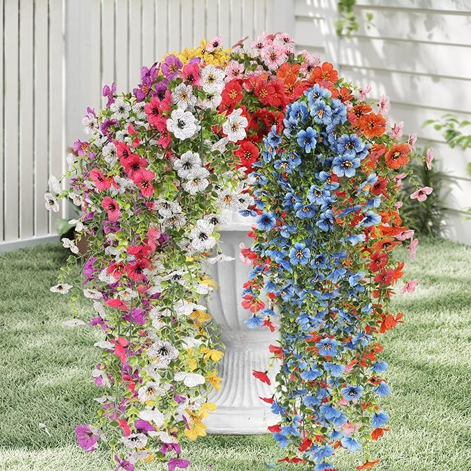 Artificial Hanging Flowers for Outdoors, 8 Pcs Fake Plant for Spring Summer Decoration, UV Resistant Realistic Silk Faux Flowers Outside Indoor Planter Porch Patio Balcony Yard Decor
