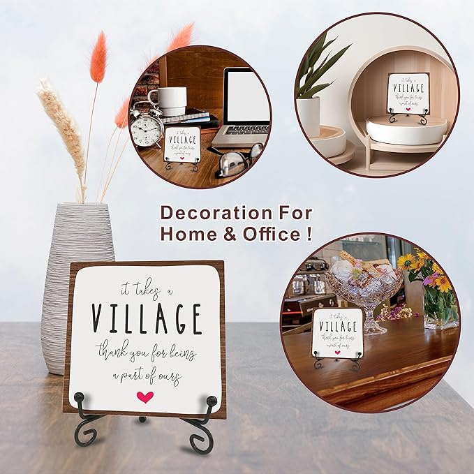 Wooden Sign Gifts - It Takes A Village Thank You For Being A Part Of Us - Motivational Wood Plaque With A Support Frame - Home & Office Inspirational Gifts For Women And Man, Desk Decor & Accessories - A20