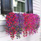Artificial Hanging Flowers for Outdoor, 2pcs Fake Plants Long Vine Morning Glory Eucalyptus, UV Resistant Realistic Faux Greenery Indoor Outside Patio Porch Garden Spring Summer Decor, Light Purple