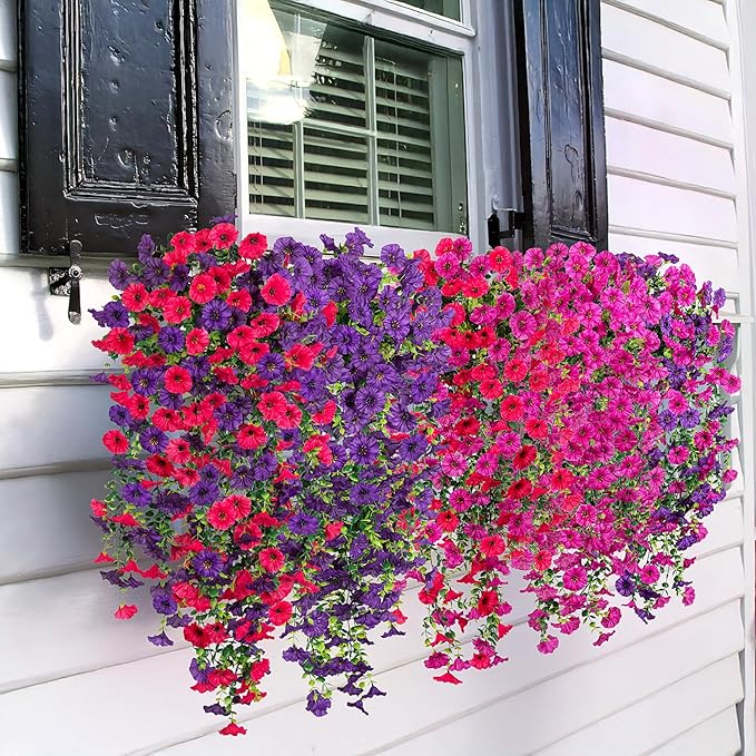 Artificial Hanging Flowers for Outdoor, 2pcs Fake Plants Long Vine Morning Glory Eucalyptus, UV Resistant Realistic Faux Greenery Indoor Outside Patio Porch Garden Spring Summer Decor, Light Purple