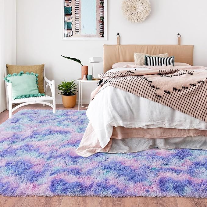 Rugs for Living Room 9x12, Soft Shaggy Modern Large Shag Area Rug for Bedroom, Upgrade Non-Slip Plush Fluffy Carpet for Kids Boys Girls Room Home Decor Aesthetic, Rainbow Purple