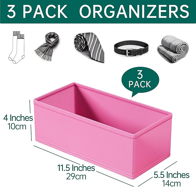 3 PACK Drawer Organizer Clothes，drawer Divider， Dresser Drawer Storage for Sock, Underwear, Bra，Panties，Belt, Tie, Stockings, Leggings & Accessories (Pink)