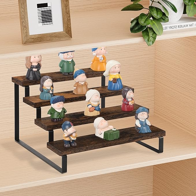 YINMIT Wooden Display Riser Stand, Tiered Perfume and Cologne Organizer Stand, 4 Tier Spice Rack Organizer, Rustic Display Shelf for Candles (4 Tier)