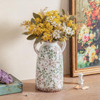 Enra Large Vintage Green and Beige Ceramic Chinoiserie Floral Vase, 11.2 Inch Rustic Decorative Flower Vase for Home, Living Room, Kitchen, or Office – Pastoral Retro Design