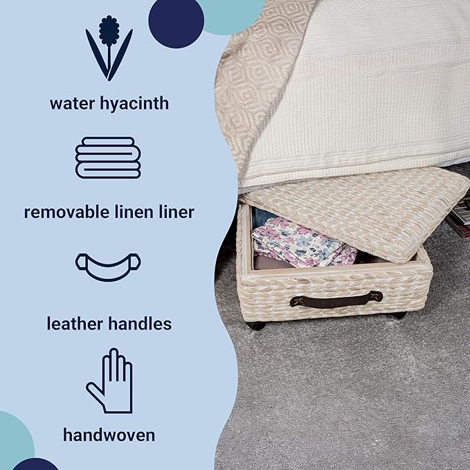 happimess BSK1006D Chett 26.38" Minimalist Hand-Woven Hyacinth/Wood Underbed Storage Bin with Wheels and Handles, White Wash/Dark Brown for Storage and Decoration in Bathroom, Bedroom, Living Room
