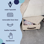 happimess BSK1006D Chett 26.38" Minimalist Hand-Woven Hyacinth/Wood Underbed Storage Bin with Wheels and Handles, White Wash/Dark Brown for Storage and Decoration in Bathroom, Bedroom, Living Room