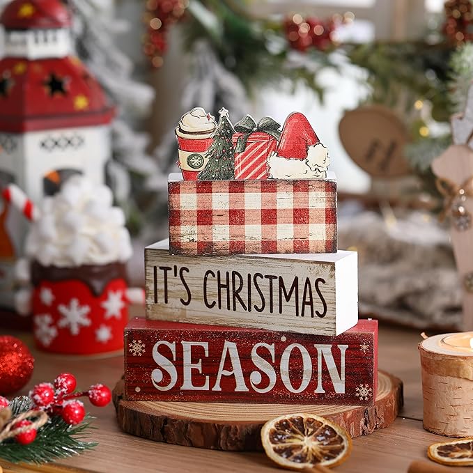 Lineshading 4 Pcs Christmas Table Decoration Wooden Hot Cocoa Santa Hat Decorations Christmas Tiered Tray Decor Winter Centerpiece Decorative Santa Hat Hot Cocoa Gift Box Tree Block Signs for Home