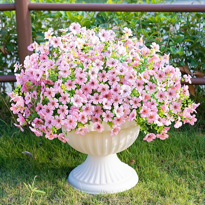 Artificial Fake Flowers Plants for Outdoors Spring Summer Decoration,Faux Flowers Plants Greenery UV Resistant Silk Daisy Realistic for Outside Planter Front Porch Patio Garden Home 16 Bundles（Pink）