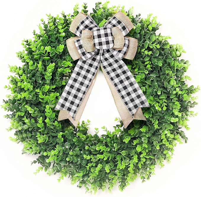 24-26'' Large Boxwood Wreath for Front Door, Porch, Window - Foldable Greenery Boxwood Wreaths for Farmhouse Wedding Indoor Outdoor Decor - Spring, Summer, Fall, All Seasons (with Bow)