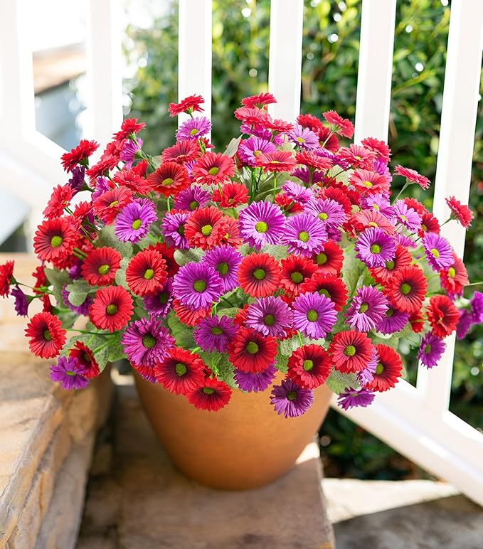 HyeFlora Artificial Flowers for Outdoors Spring Summer Decor, 6 Bundles Fake Daisy Silk Flowers for Outside Realistic UV Resistant Faux Plants for Outdoor Planters Porch Porch Patio Balcony Yard Home