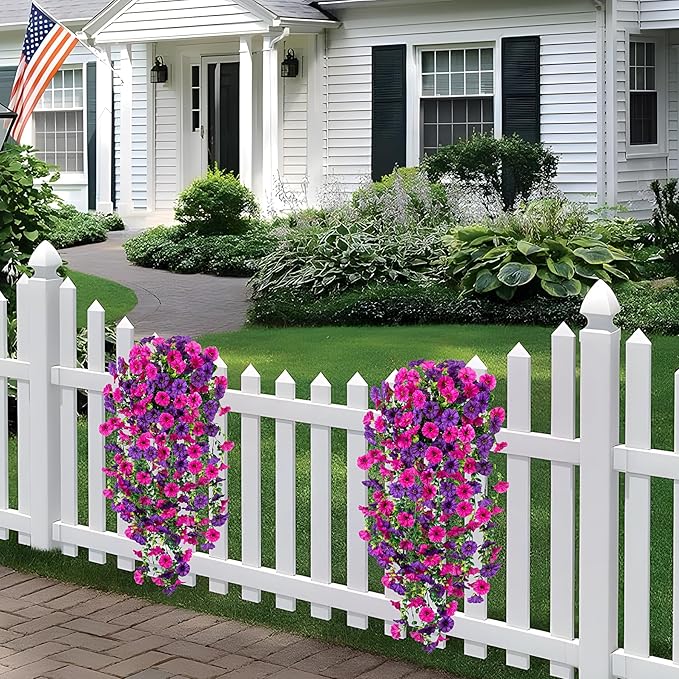 Artificial Hanging Petunias Flowers for Outdoor, 4pcs Fake Plants Long Vine Morning Glory Eucalyptus, UV Resistant Realistic Faux Greenery Indoor Outside Patio Porch Garden Spring Summer Decor, Purple