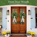 26 Inch Large Artificial Boxwood Wreath for Front Door All Season, Summer Wreaths with 2 Sashes, Baby's Breath, Eucalyptus and Flower Buds, Farmhouse Greenery Decor for Outdoor, Porch, Home