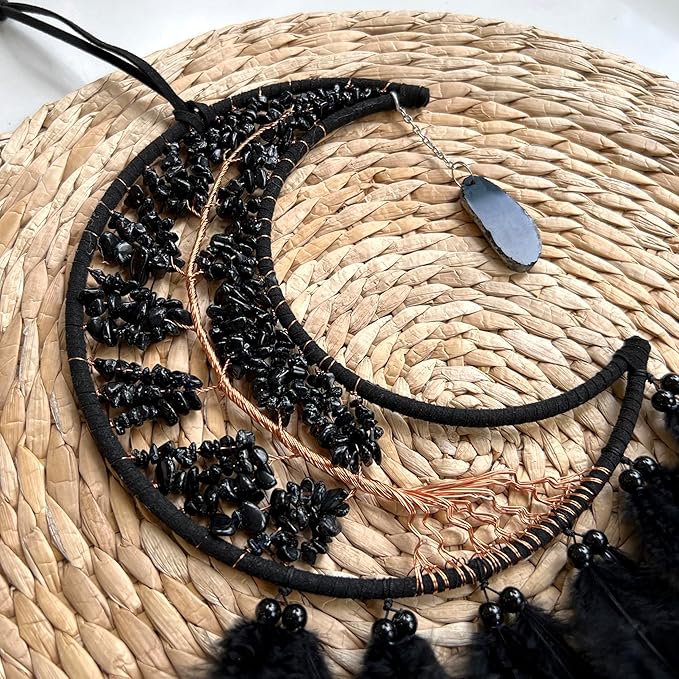 Moon Dream Catchers with Chakra Gemstone Agate Stone, Crystal Tree Life Dream Catchers Wall Hangings Room Decor (Black)