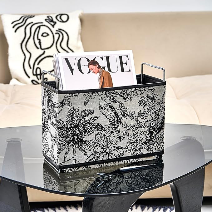 Jungle Theme Magazine Holder - Black & White Embroidered Fabric Magazine Rack Floor, Vintage Faux Leather Newspaper Book Basket Box for Bathroom, Living Room and Toilet (Random Pattern)