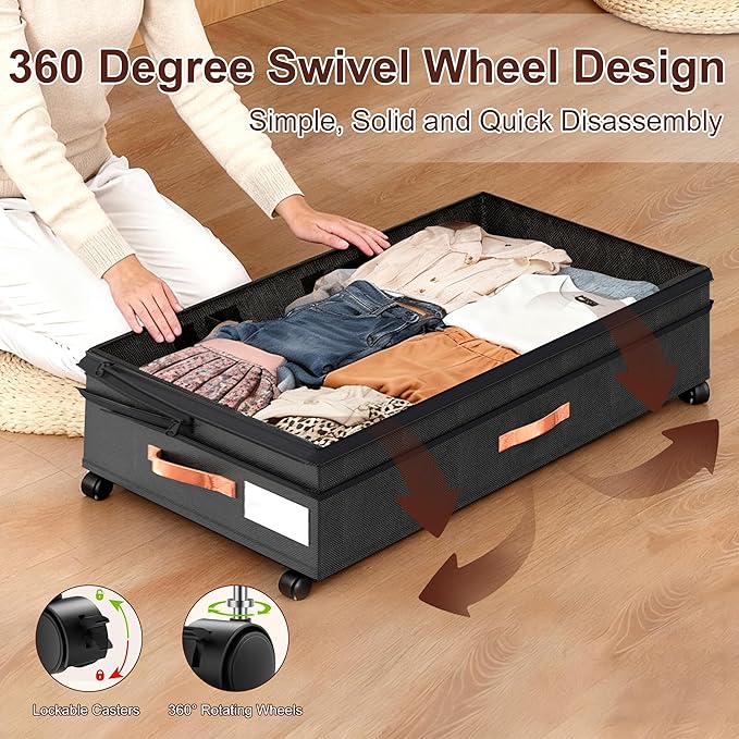 Under Bed Storage with Wheels - 2Pack 70L UnderBed Storage Containers with Clear Lid & Label, Rolling Under Bed Storage Bins for Clothes, Shoes, Blankets (XXL,Black)