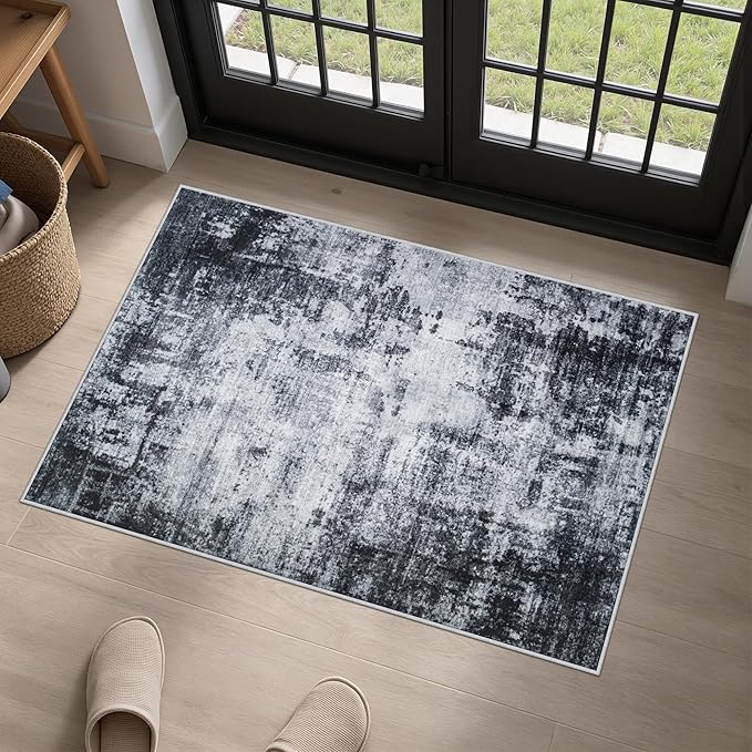 Washable Area Rug 2x3 Entryway Rug: Washable Modern Abstract Soft Thin Rug Indoor Floor No Slip Stain Resistant Carpet for Bedroom Dining Room Farmhouse Nursery Home Office - Dark Black