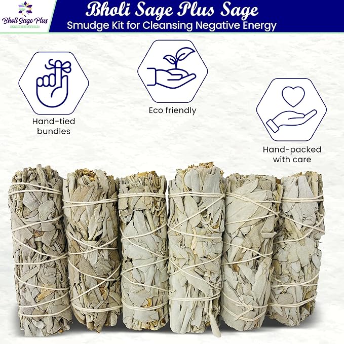White Sage Sticks Pack of 6, Sage Smudge Kit 4'' Long Dried Sage Sticks for Meditation, Smudging and Cleansing, Getting Rid of Negative Energy, Sustainably Grown California Sage