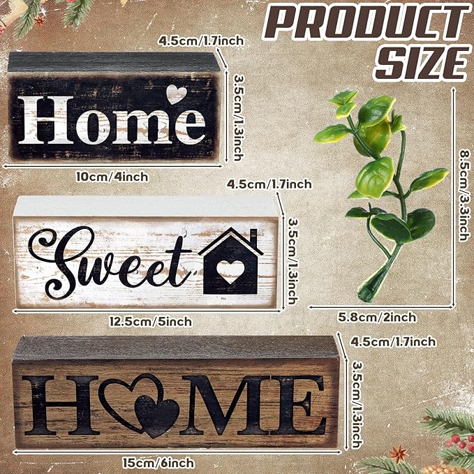 Moucuny 4 Pcs Farmhouse Wooden Tabletop Decor Farmhouse Tiered Tray Decor Rustic Eucalyptus Leaves Wood Block Sign Gift Sweet Home Centerpiece Home Table Decortion