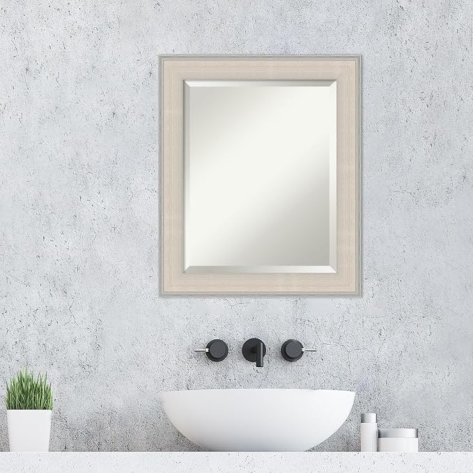 Amanti Art White Wall Mirror 24x20 Cottage White Silver Rectangle Bathroom Mirror for Wall Decor Living Room, Small Cottage Wood Frame, Hangs Horizonally and Vertically, Bathroom Decor, Beveled Edge