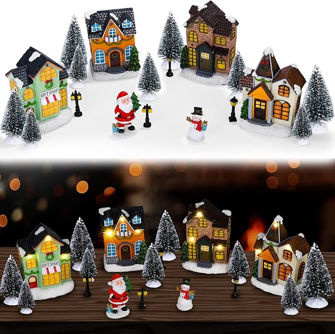 Aneco 19 Pieces Christmas Village Set Resin Christmas Houses with Santa Claus Snowman Figurines, LED Light Lamps, and Pine Trees, Xmas Town Scene Building Ornaments for Winter Home Desktop Decor Gift