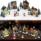 Aneco 19 Pieces Christmas Village Set Resin Christmas Houses with Santa Claus Snowman Figurines, LED Light Lamps, and Pine Trees, Xmas Town Scene Building Ornaments for Winter Home Desktop Decor Gift