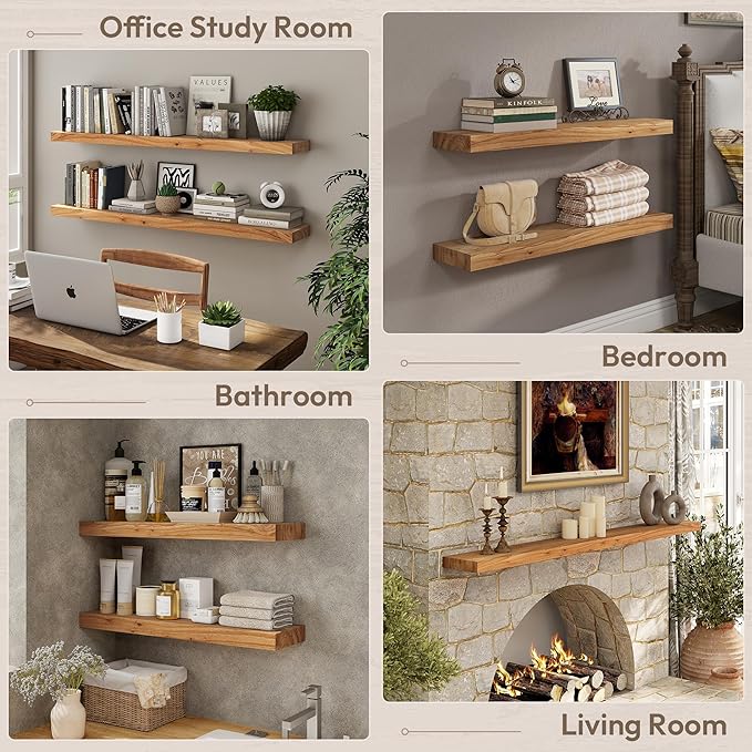 Marsmiles 24 inch Floating Shelves for Wall Solid Elm Wood Shelves|Rustic Wall Shelves with Invisible Heavy-Duty Bracket for Bathroom Living Room Kitchen|Natural, 2 Pack