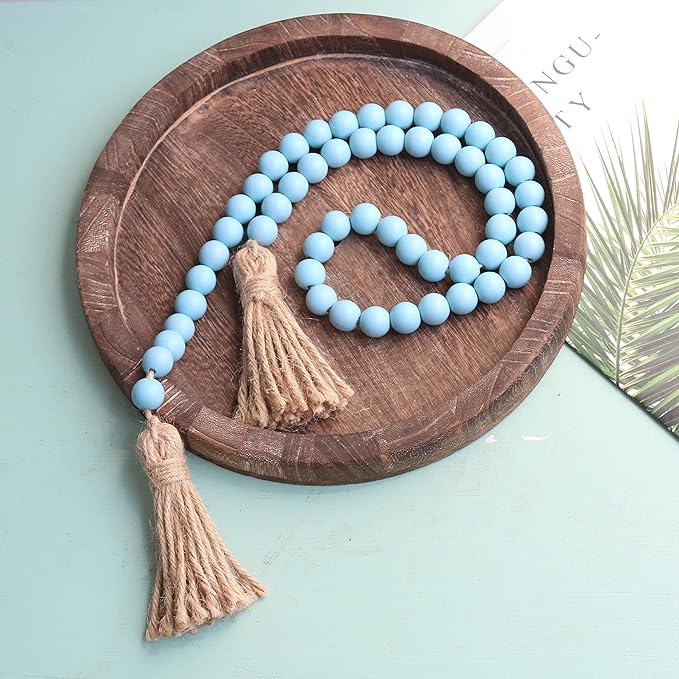 Meplait 39in Wood Bead Garland Farmhouse with Tassels,Versatile Prayer Beads Boho Chic Wall Hanging Home Decor (Blue)