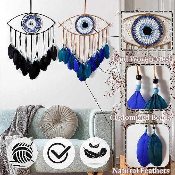 Holmgren 2 Pcs Evil Eye Dream Catchers - Handmade Evil Eye Decor for Wall Art Apartment Decor, Good Luck Charm for Home Offices Living Spaces