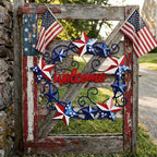 MorningRo Metal Patriotic Wreaths for Front Door Red White Blue Star 4th of July Wreaths American Flag Hanging Vintage Rustic Independence Day Welcome Sign for Porch Wall Home Outdoor, 13 Inch