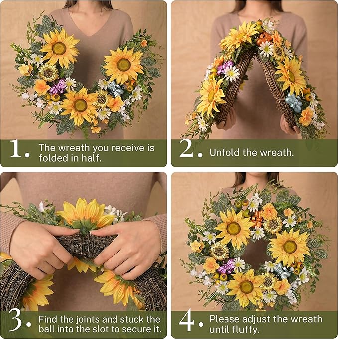 DecorbyHannah Spring Sunflower Summer Wreaths for Front Door Outside All Season, 22 Inch Artificial Collapsible Flower Wreaths with Daisy and Bee, Sunflower Decor for Porch, Wedding Housewarming Gifts