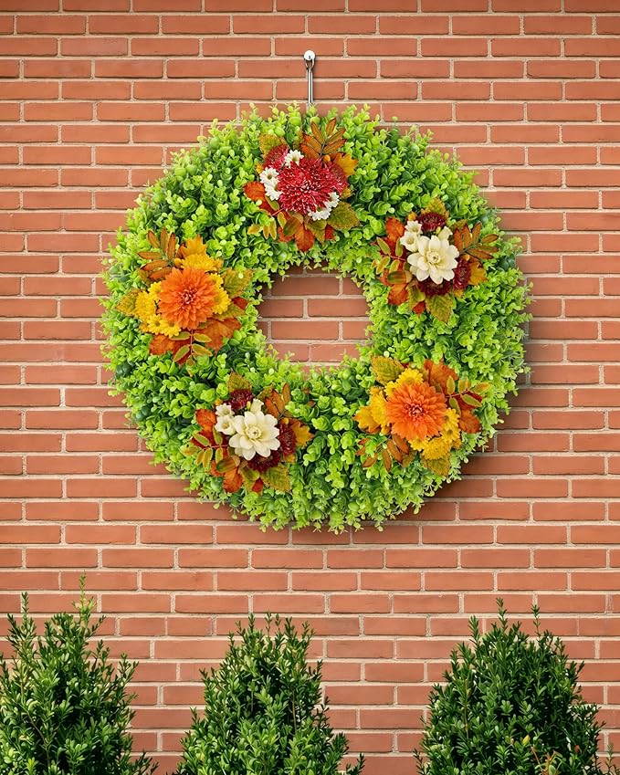 DDHS 28 inch Boxwood Wreath, Artificial Large Spring Wreaths for Front Door with Yellow Sash can DIY Shaped, Summer Wreaths for Hanging in the Shop, Farmhouse, Roof Green Everyday Wreath Home Decor