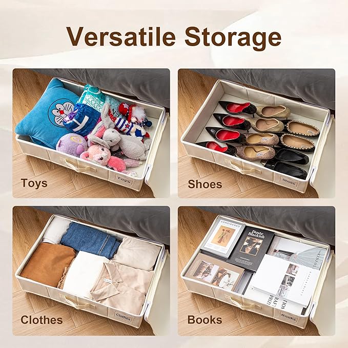 Under Bed Storage with Wheels, Rolling Under Bed Storage Containers with Label Holders for Clothes, Shoes and Blankets, Underbed Storage Organizer with Cover, 2 Pack Beige (23.6x15.7x7.28 in)
